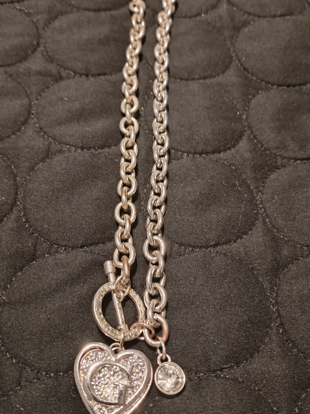 Guess Silver-Tone Heart Pendant Necklace with Crystal Charm